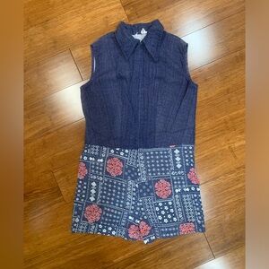 Vintage 70’s sleeveless dagger collar cotton romper in red, white and denim